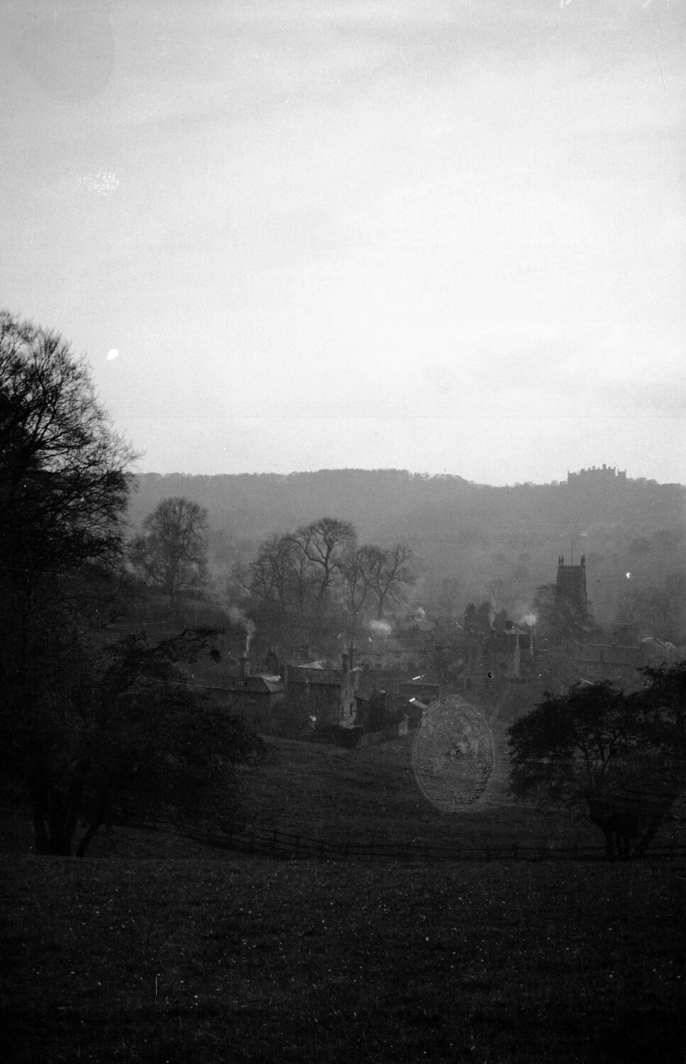English Village and Church Tower Viewed from a Hillside, WWI-era Photograph, England (Scott Field-England Negatives Collection)