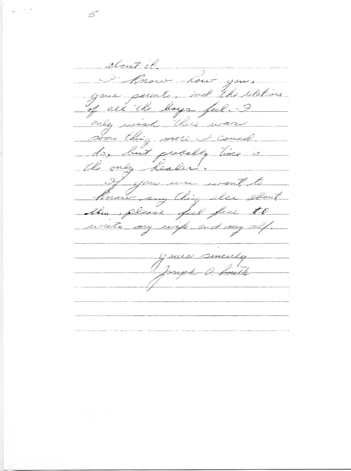 Handwritten Condolence Letter, Page 5, Signed Joseph O. Smith — Bancroft Korean War Navy Documents