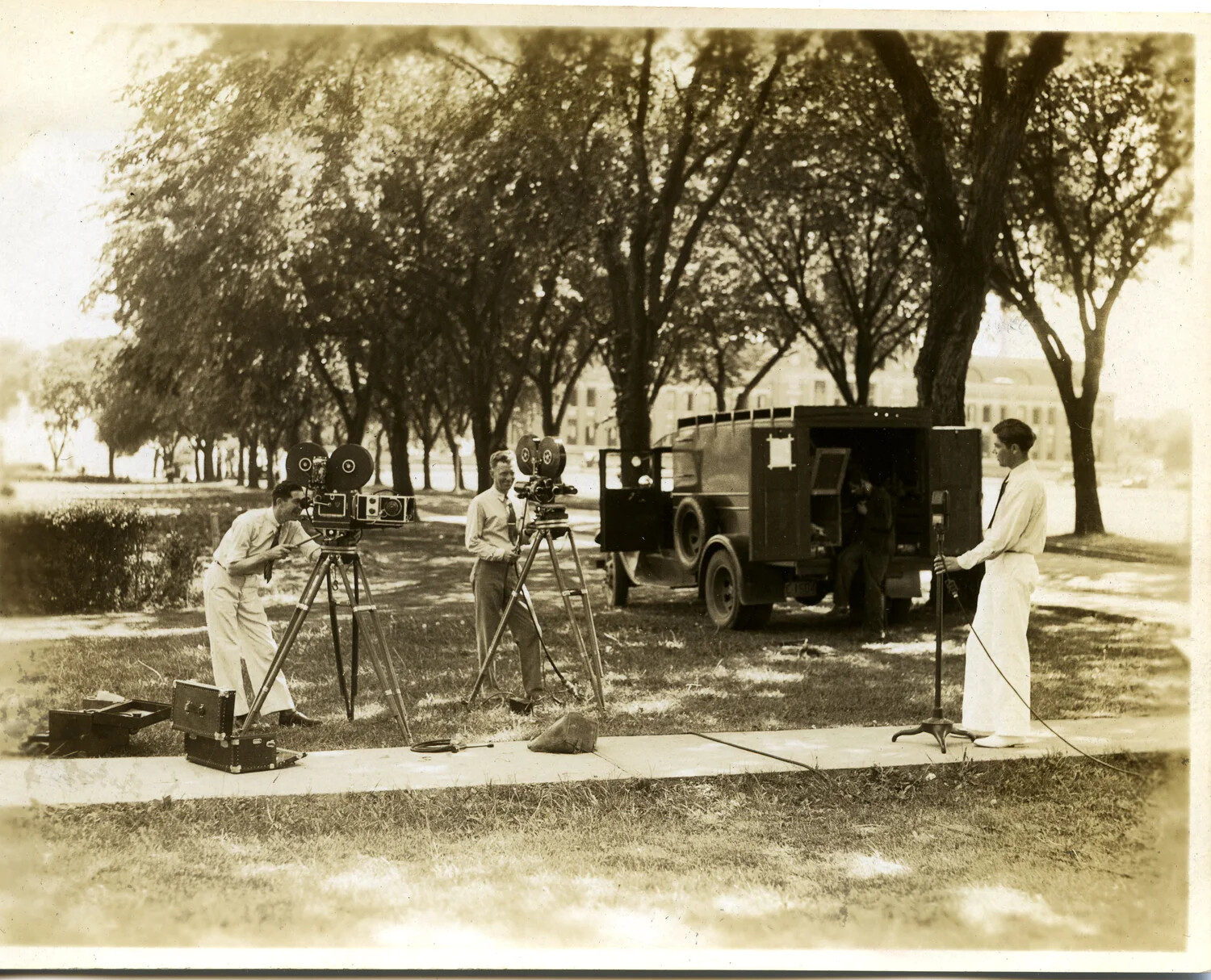 U.S. Army Signal Corps Film Crew with Motion Picture Cameras and Sound Truck, 1930s