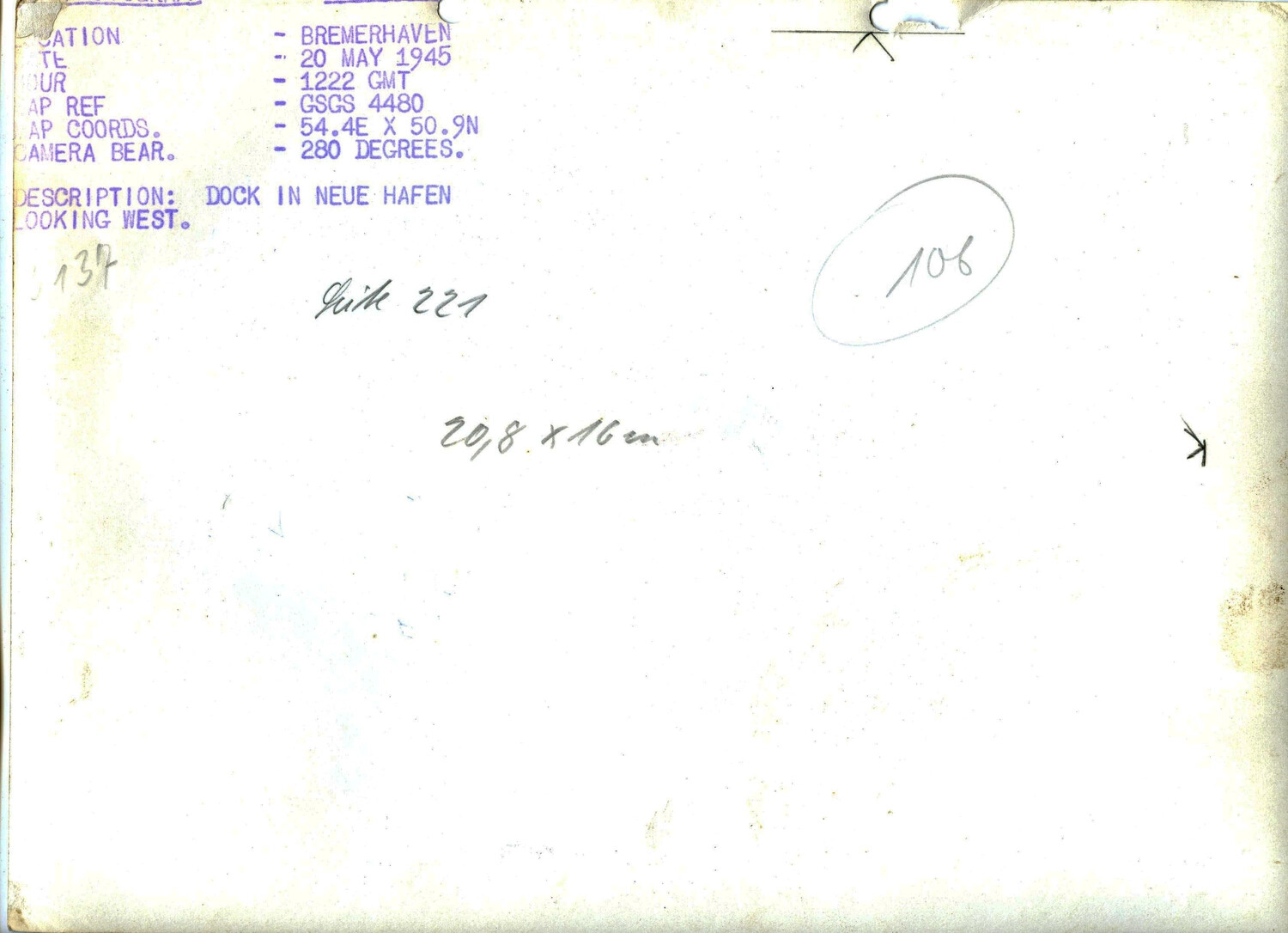 Verso of WWII Aerial Reconnaissance Photograph - Neue Hafen Dock, Bremerhaven, Germany, 20 May 1945