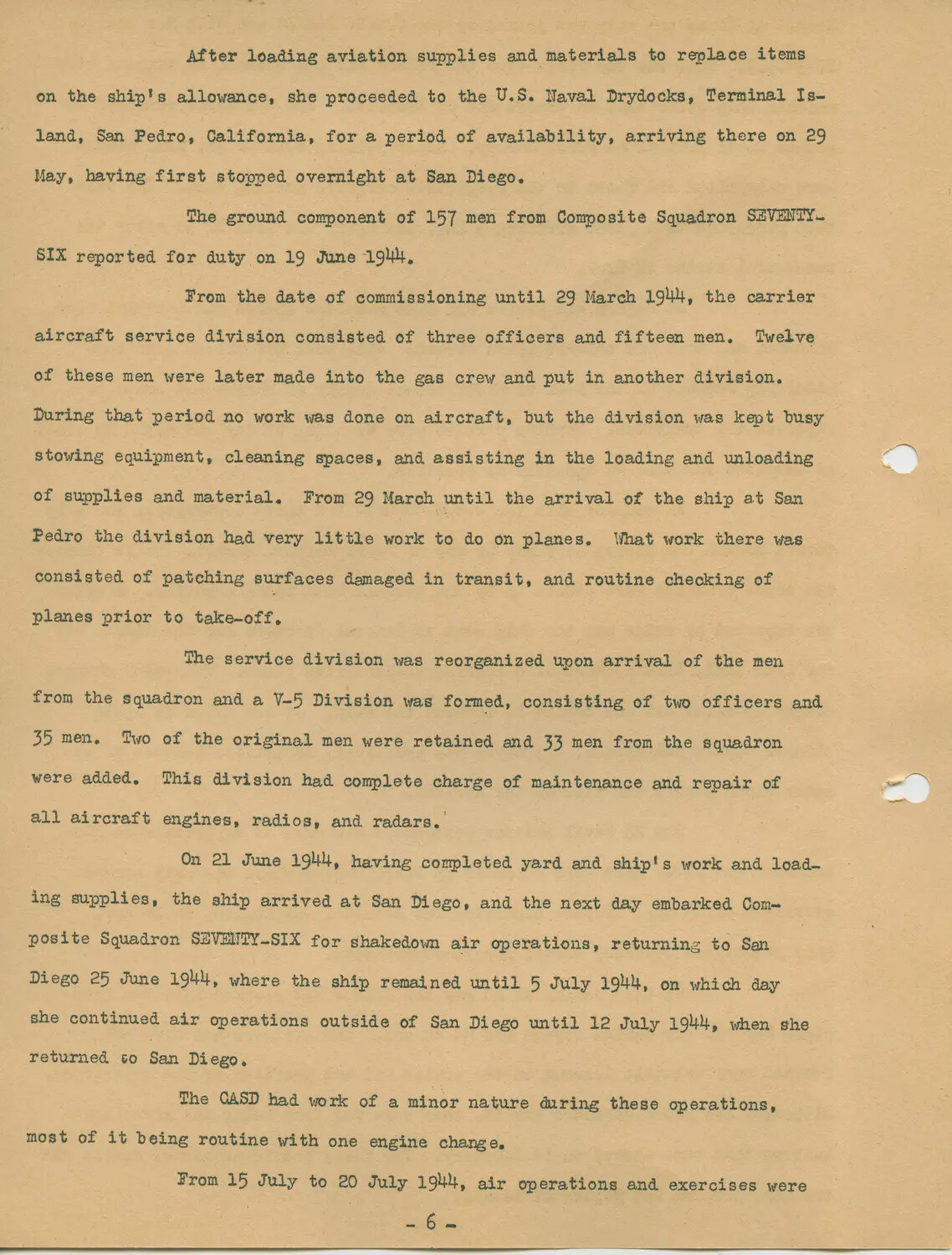 Typewritten Ship's History Page 6 - USS Petrof Bay (CVE-80) Operations, 1944