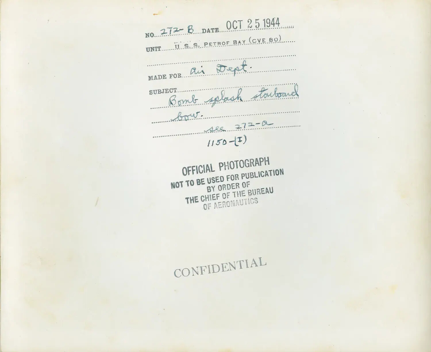 Verso Caption Sheet, Official U.S. Navy Photograph No. 272-B, USS Petrof Bay (CVE-80), 25 October 1944