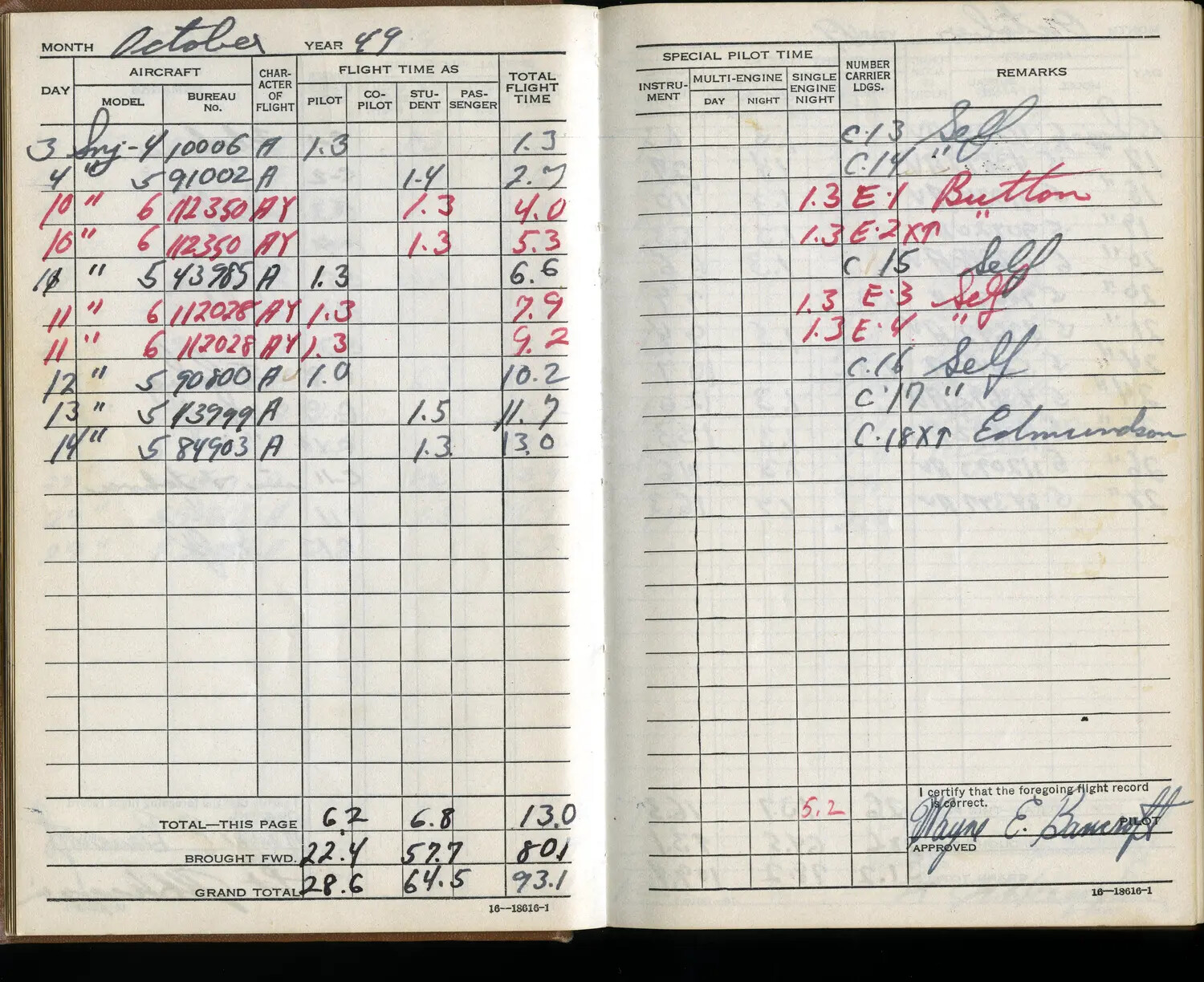 Wayne E. Bancroft Flight Logbook, October 1949 – SNJ Trainer Flights and Carrier Landing Record
