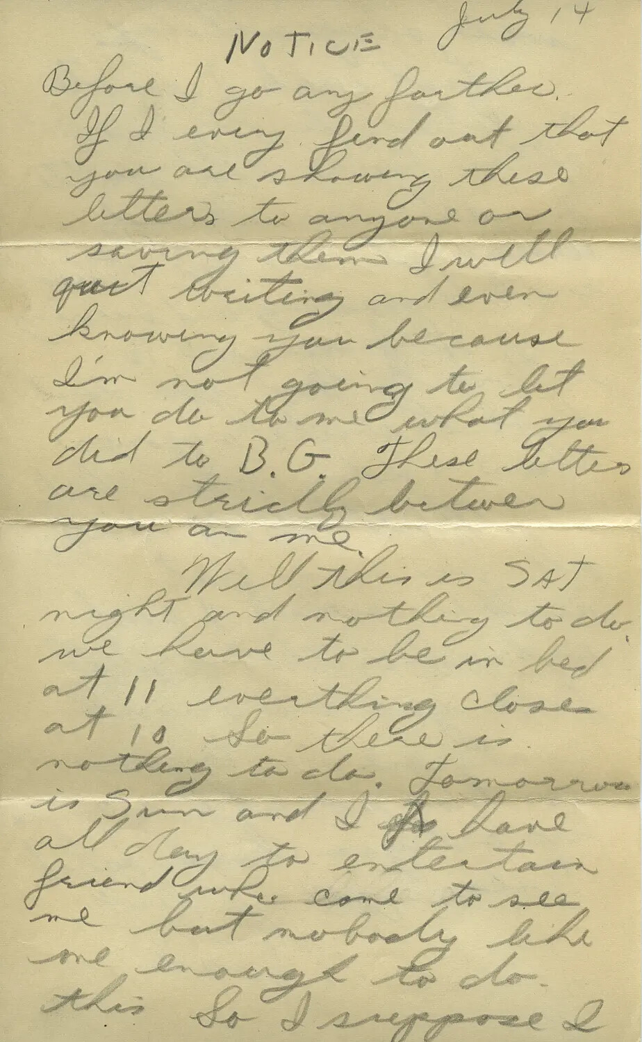 Handwritten Personal Letter, "Notice," Dated July 14 — Moon Sammiet WWII Correspondence Collection
