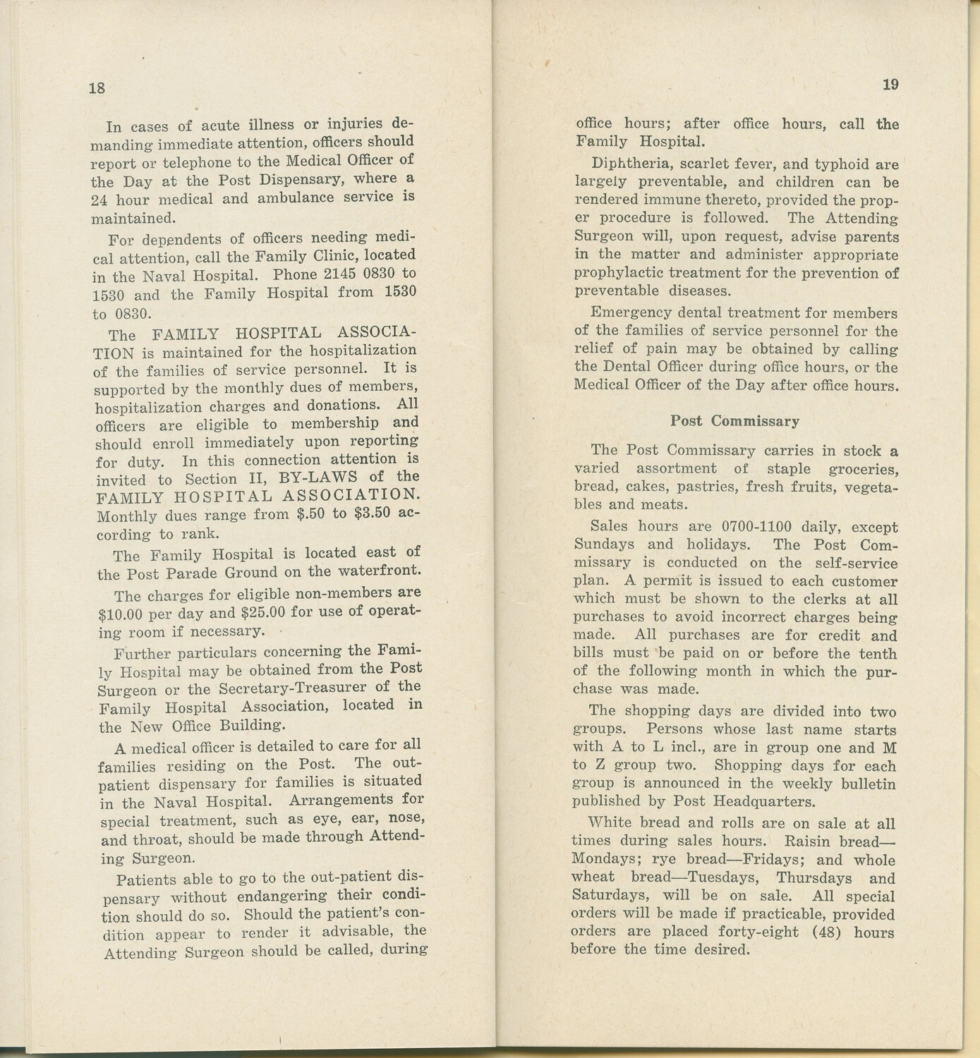 Pages 18-19, U.S. Navy Post 'Welcome Aboard' Guide: Medical Services and Commissary Regulations