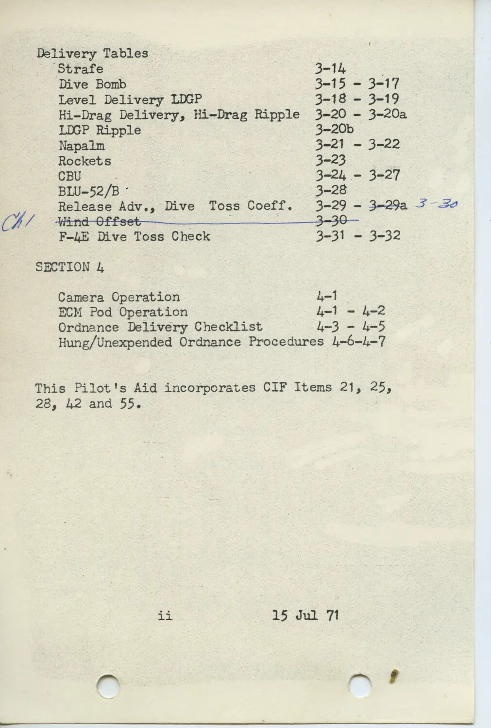 F-4 Phantom Pilot's Aid Manual, Table of Contents Page ii, Delivery Tables and Section 4, Dated 15 Jul 71