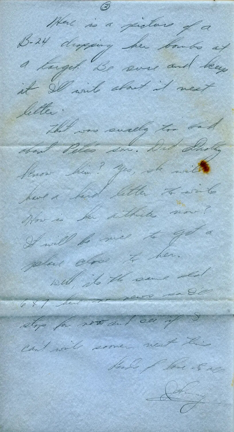 Handwritten WWII-Era Letter, Page 3 — Reference to B-24 Bombing Photograph