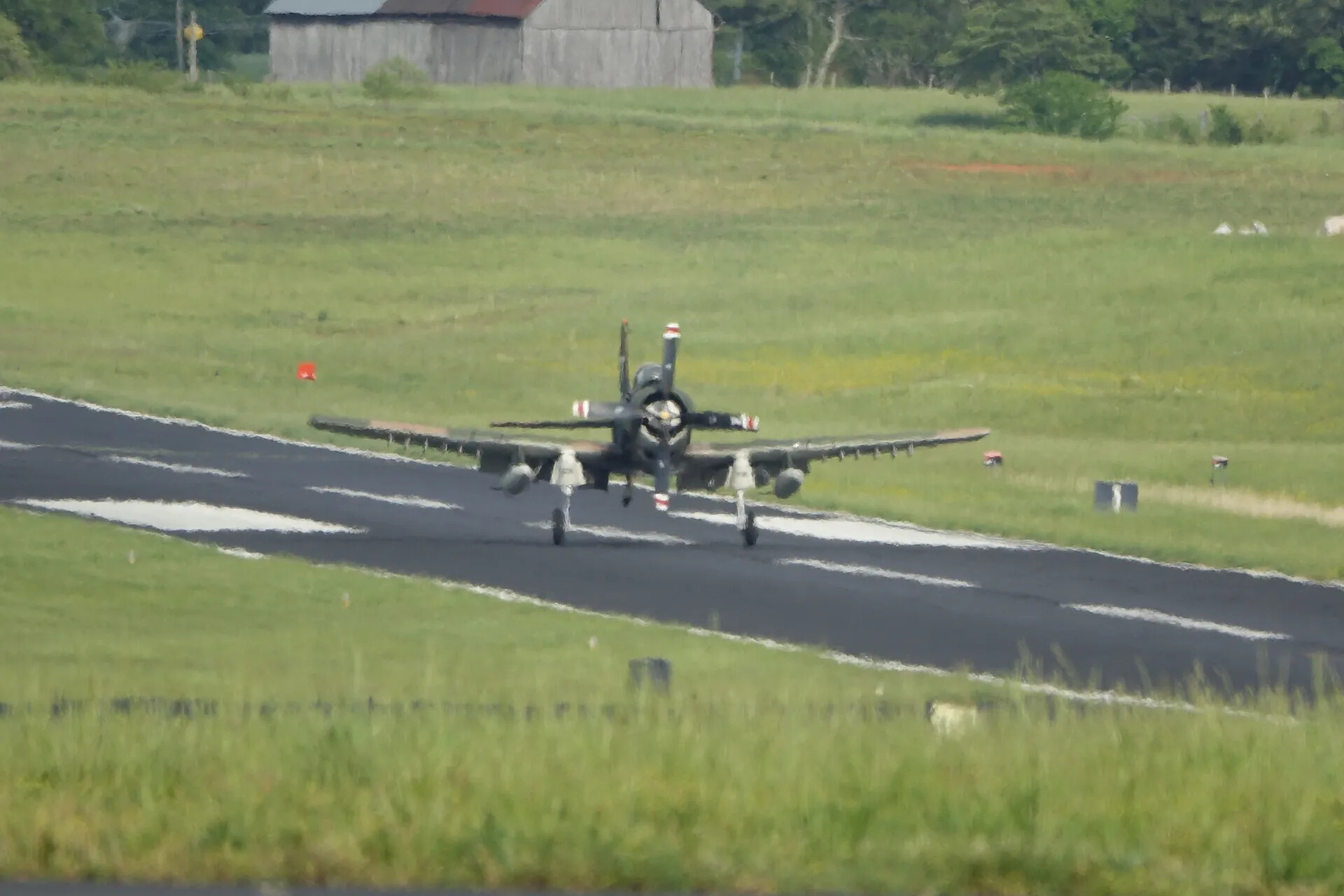 Douglas A-1 Skyraider on Landing Rollout, Head-On View, Rural Airfield