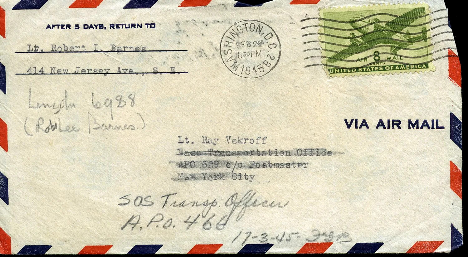 WWII Air Mail Cover Addressed to Lt. Ray Vekroff, CBI Theater SOS Transportation Officer, APO 466 -- February 1945