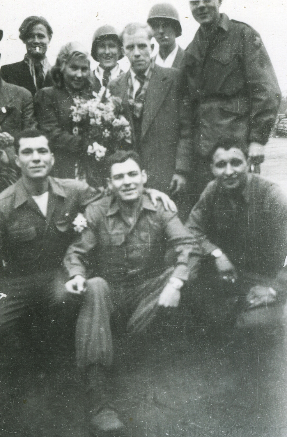 101st Airborne Division Soldiers with Local Civilians, Group Portrait, WWII Europe