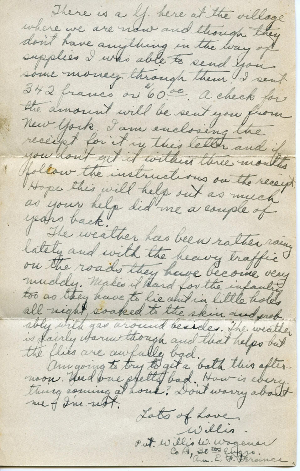 WWI Letter from Pvt. Willis W. Wagener, Co. B, 30th Engineers, AEF France