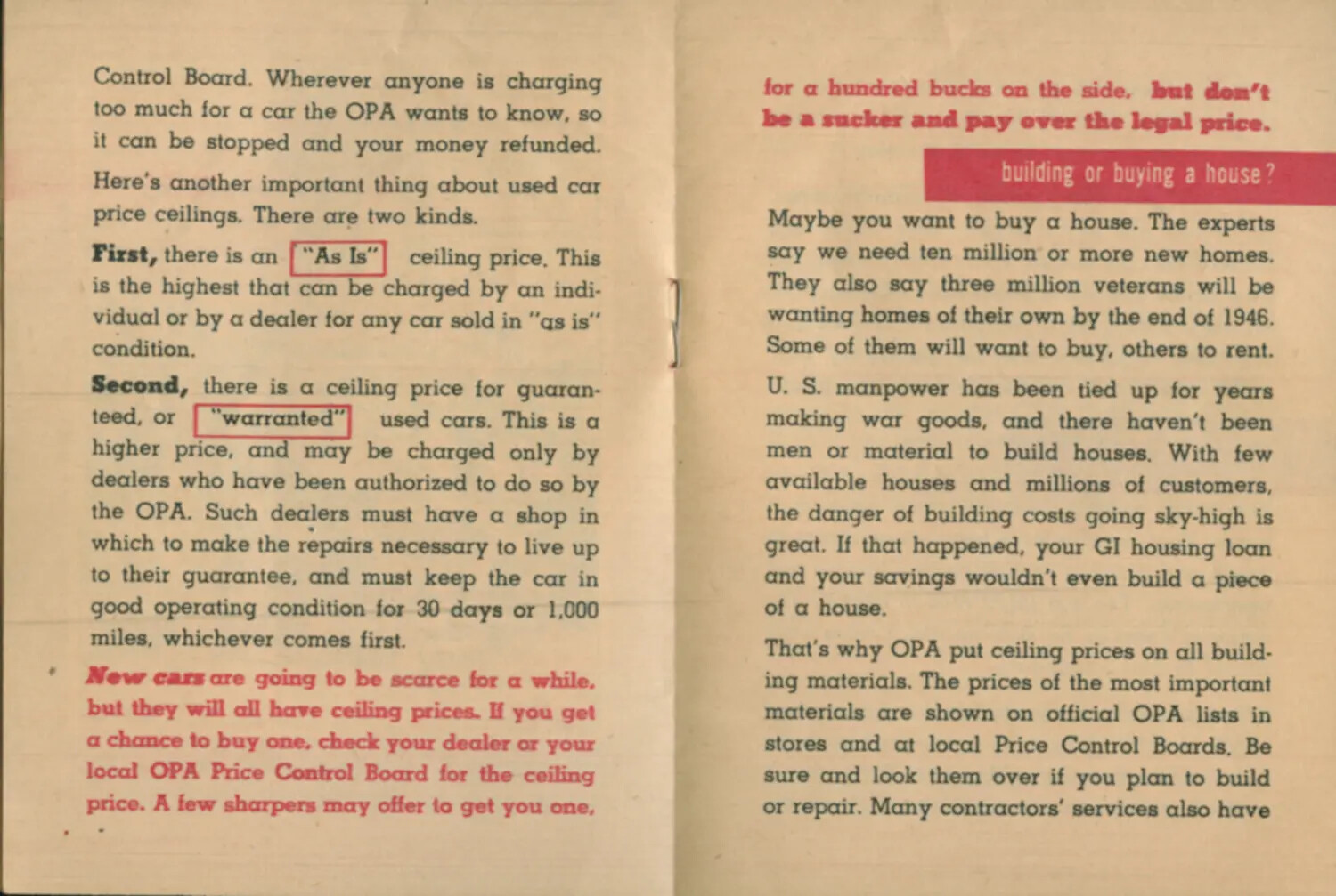 Used Car Ceiling Categories and Postwar Housing Shortage Text Spread, WWII Veteran Guide Booklet