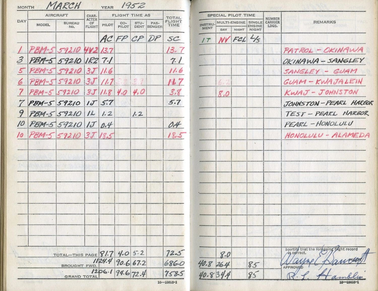 Pilot Flight Logbook Pages, March 1952 - PBM-5 Mariner Trans-Pacific Flights, Lt. Bancroft
