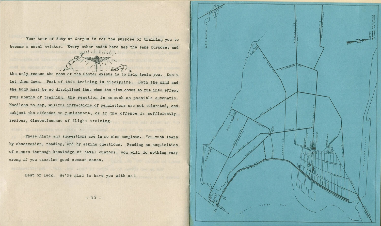 US Navy Aviation Cadet Handbook, Page 10 and NAS Corpus Christi Area Map (McAleer Collection)