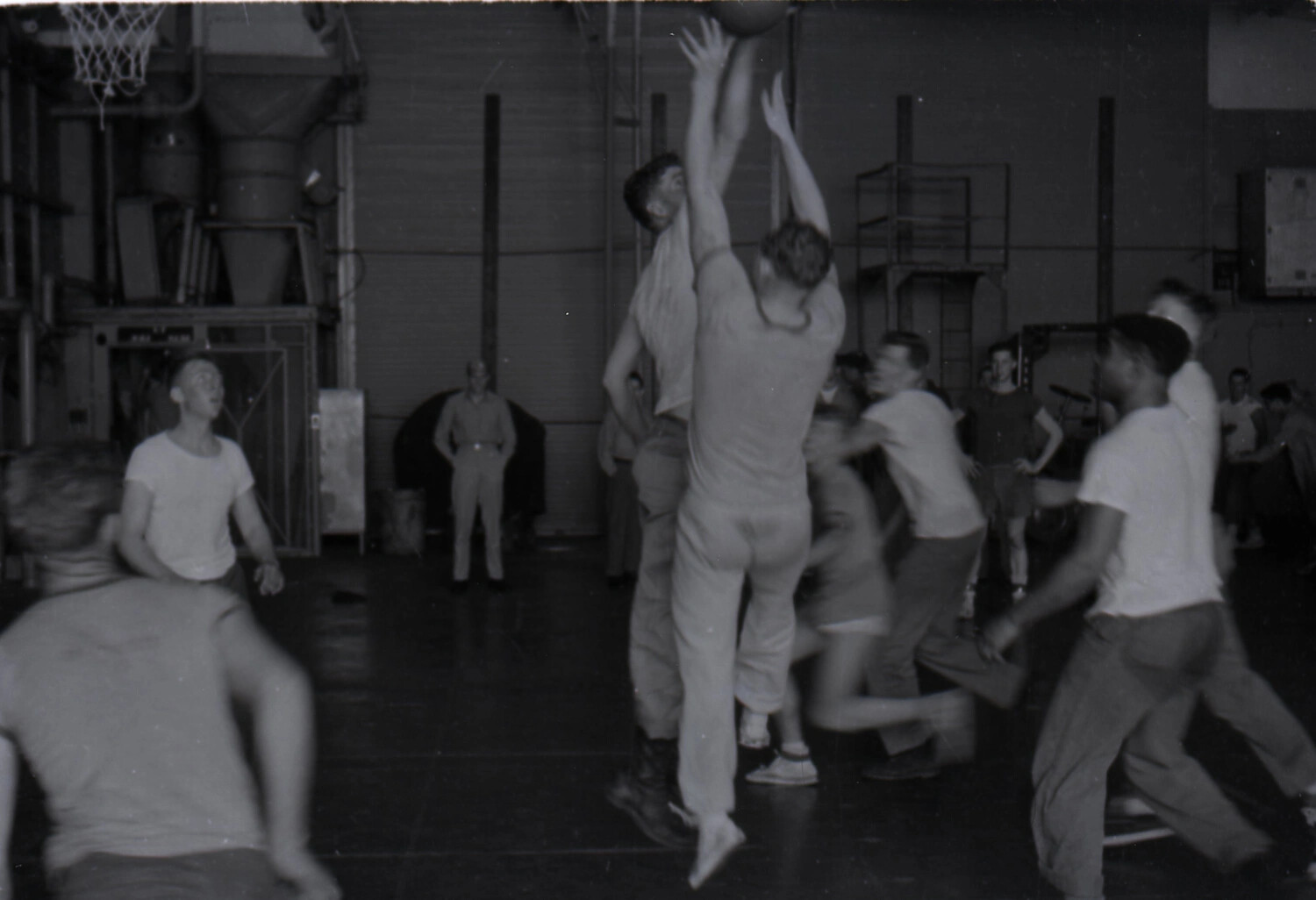 Sailors Playing Basketball in Shipboard Gymnasium Aboard USS Yorktown (CV-10), 1953