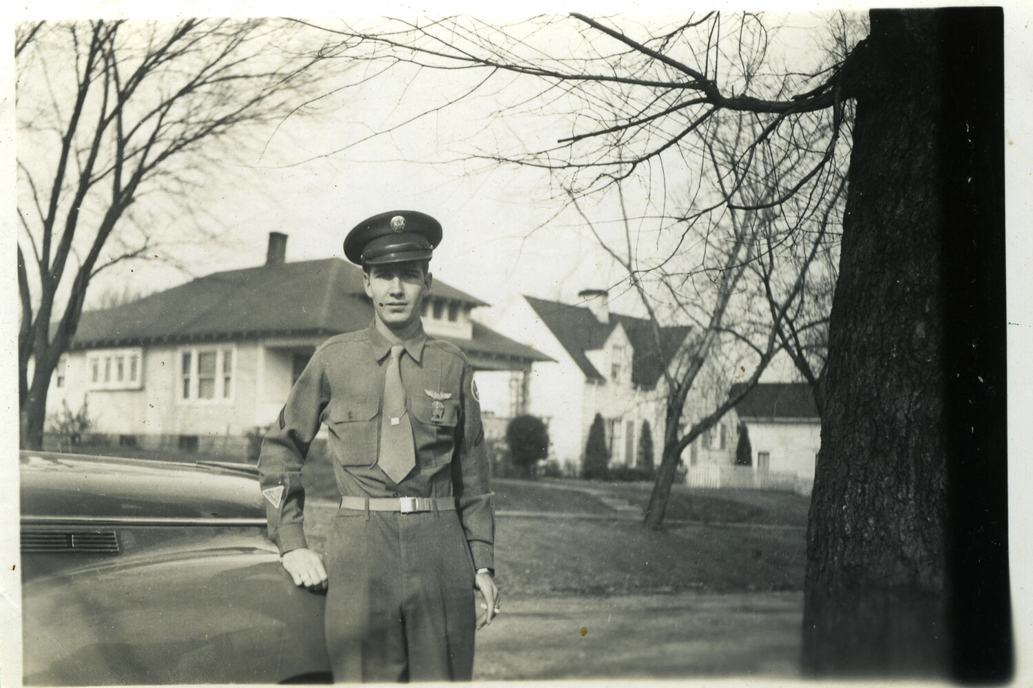 Stateside Portrait of a U.S. Army Air Forces Airman Beside an Automobile