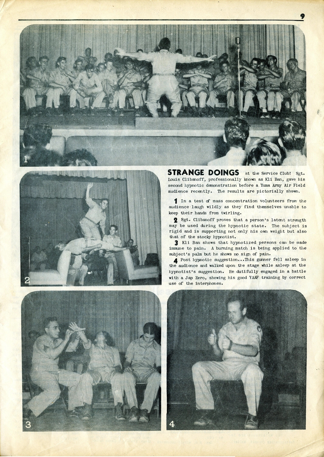 "Strange Doings" - Hypnotist Kli Ban Performs at Yuma Army Air Field Service Club, 1944