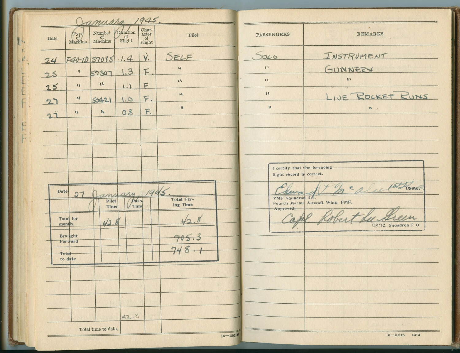 USMC Pilot Flight Logbook Page: 1st Lt. Edward P. McAleer, VMF-441, F4U-1D Corsair, January 1945