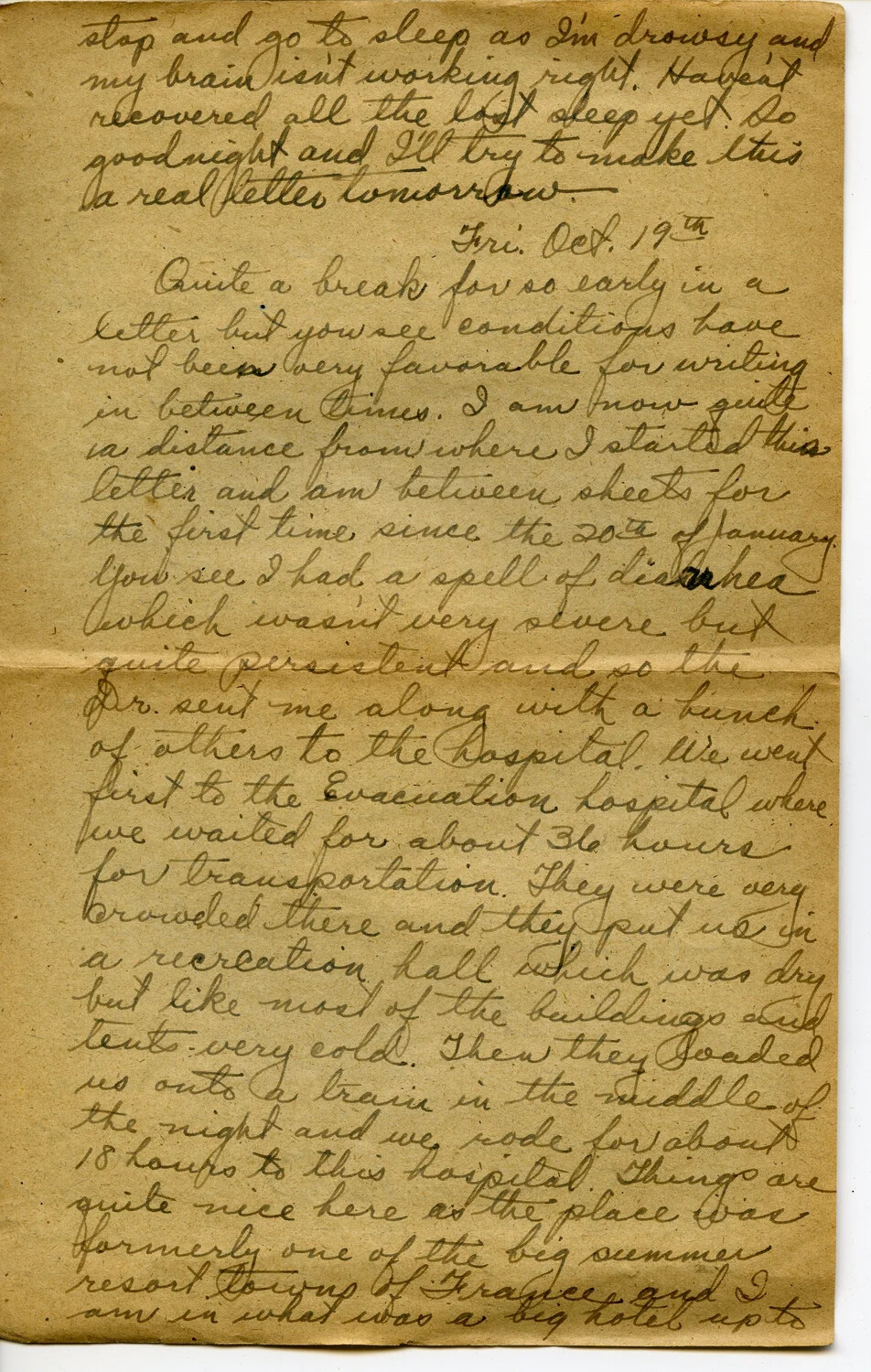 Handwritten WWI Letter Page, Pvt. Willis W. Wagener, Dated 'Fri. Oct. 19th'