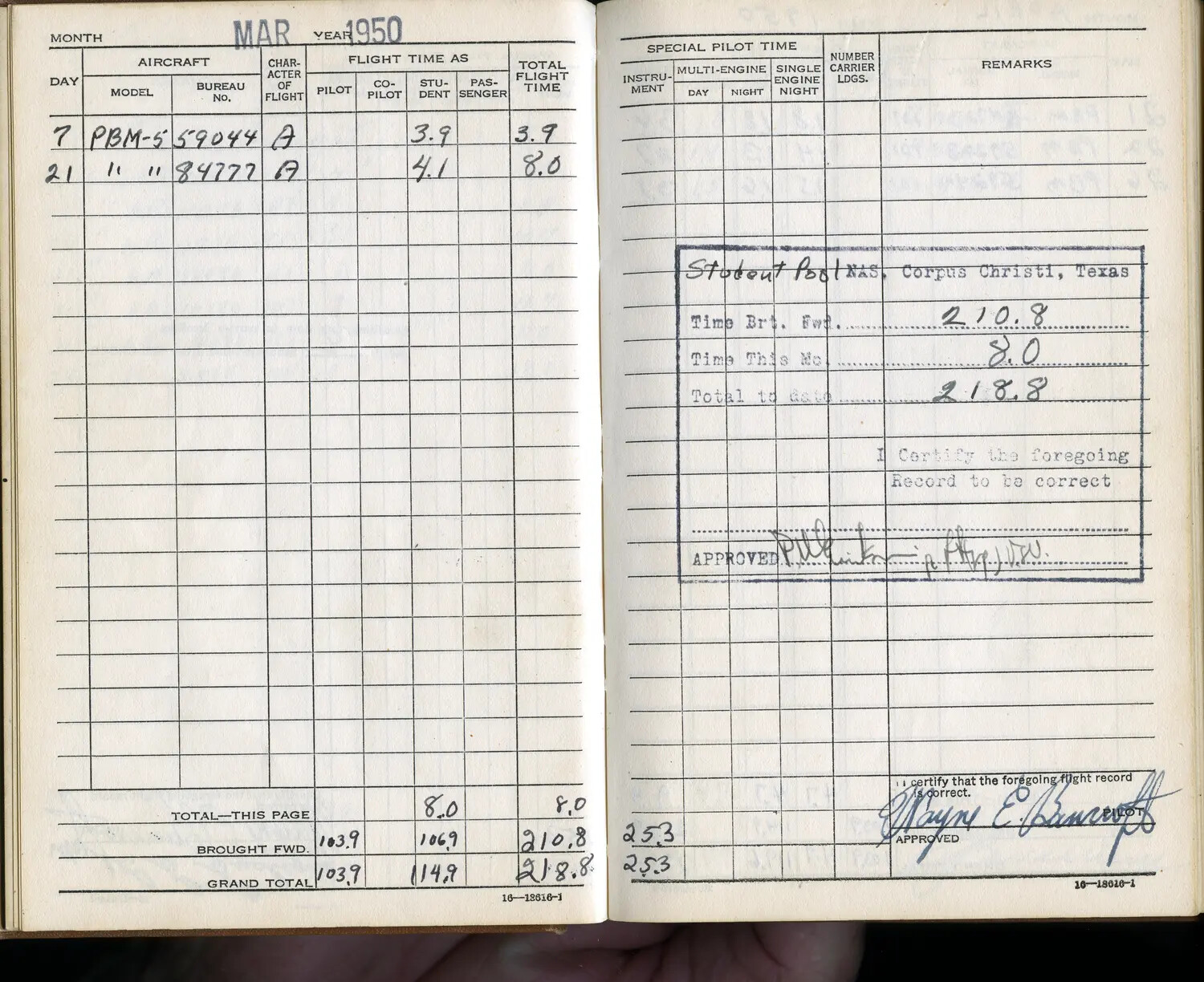 Flight Logbook Page, Lt. Wayne E. Bancroft, March 1950, NAS Corpus Christi, Texas