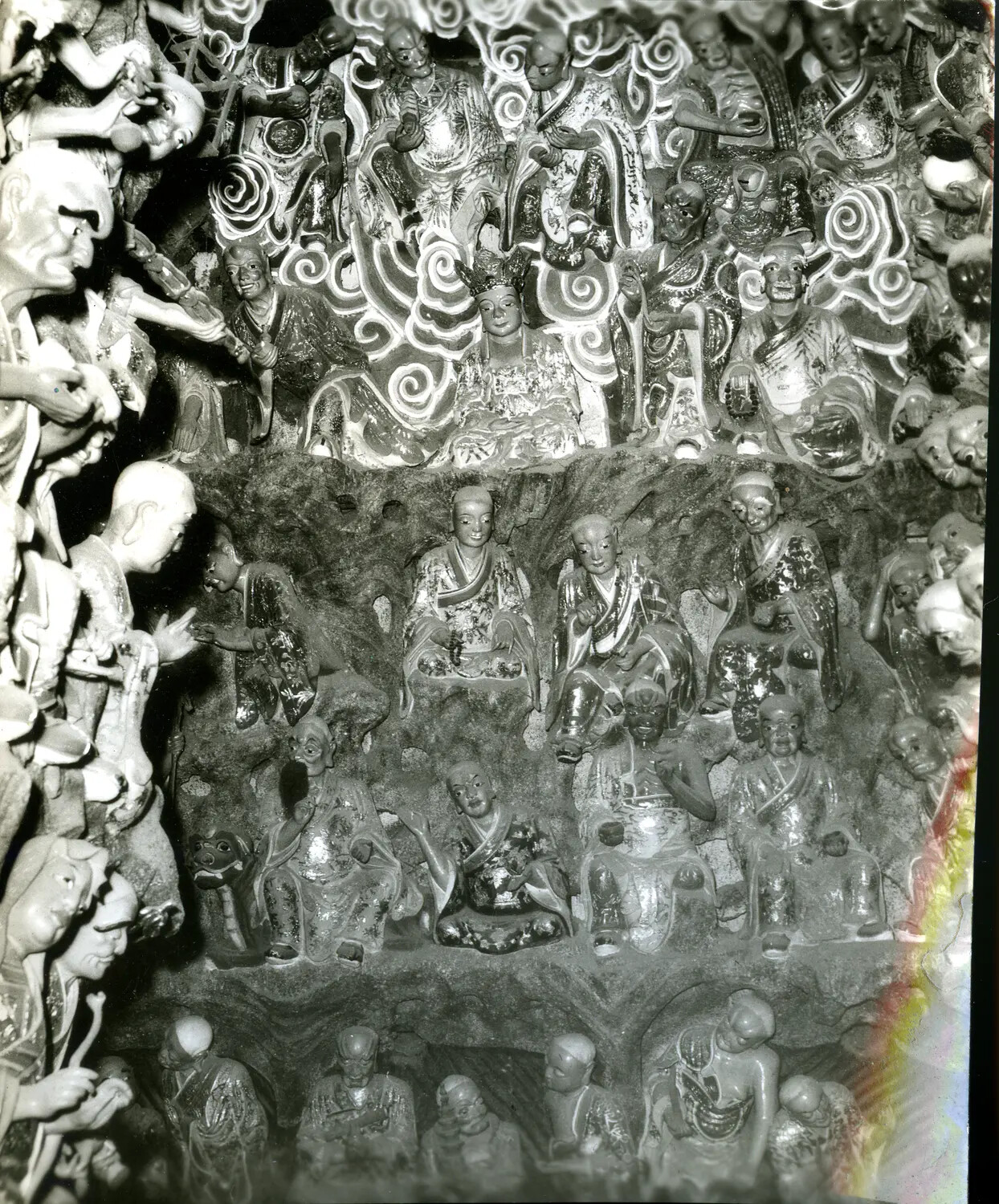Carved Buddhist Arhat (Luohan) Figures in Chinese Temple Grotto, WWII CBI Theater