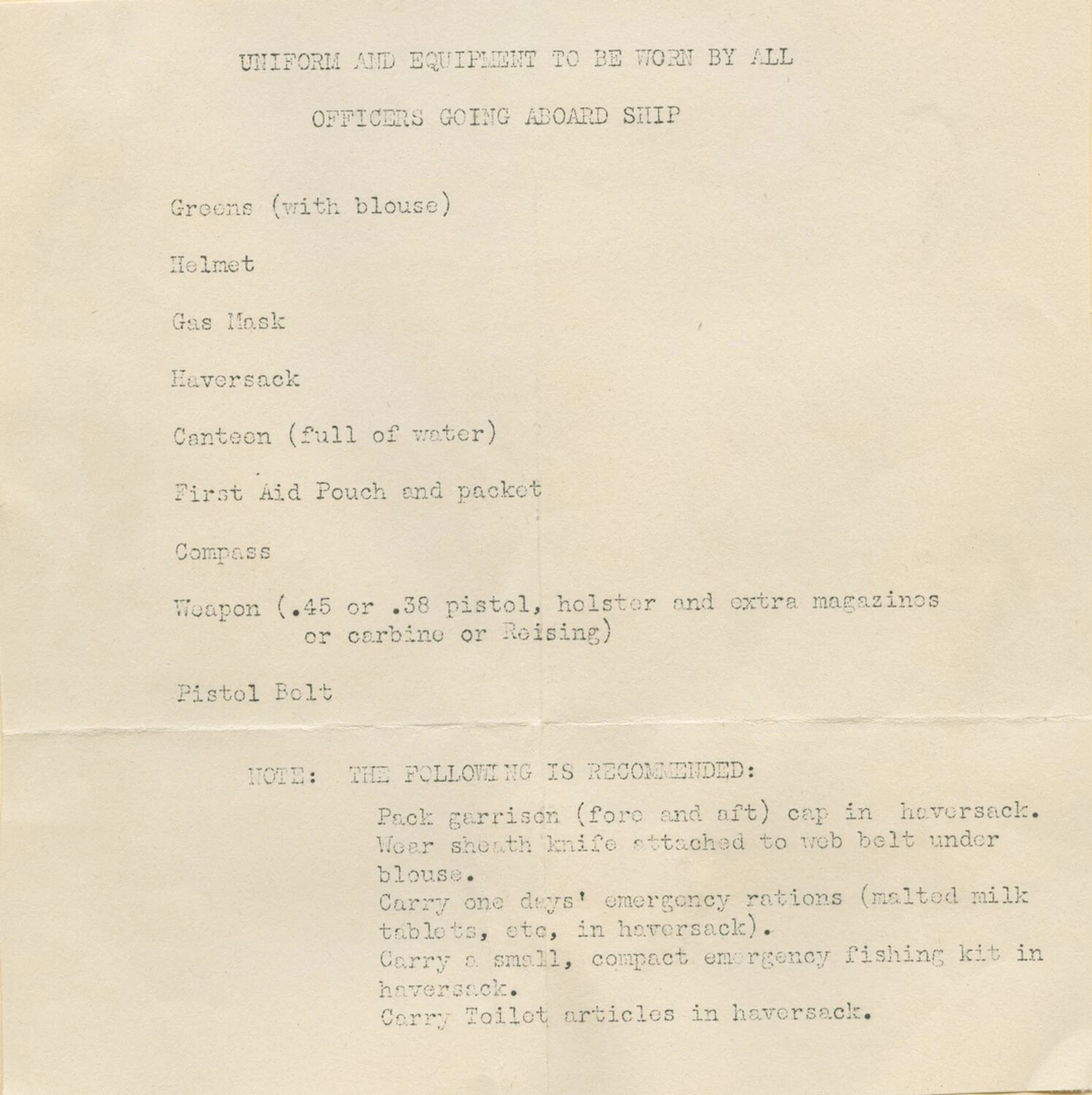 Typewritten Checklist: 'Uniform and Equipment to be Worn by All Officers Going Aboard Ship' — McAleer Papers