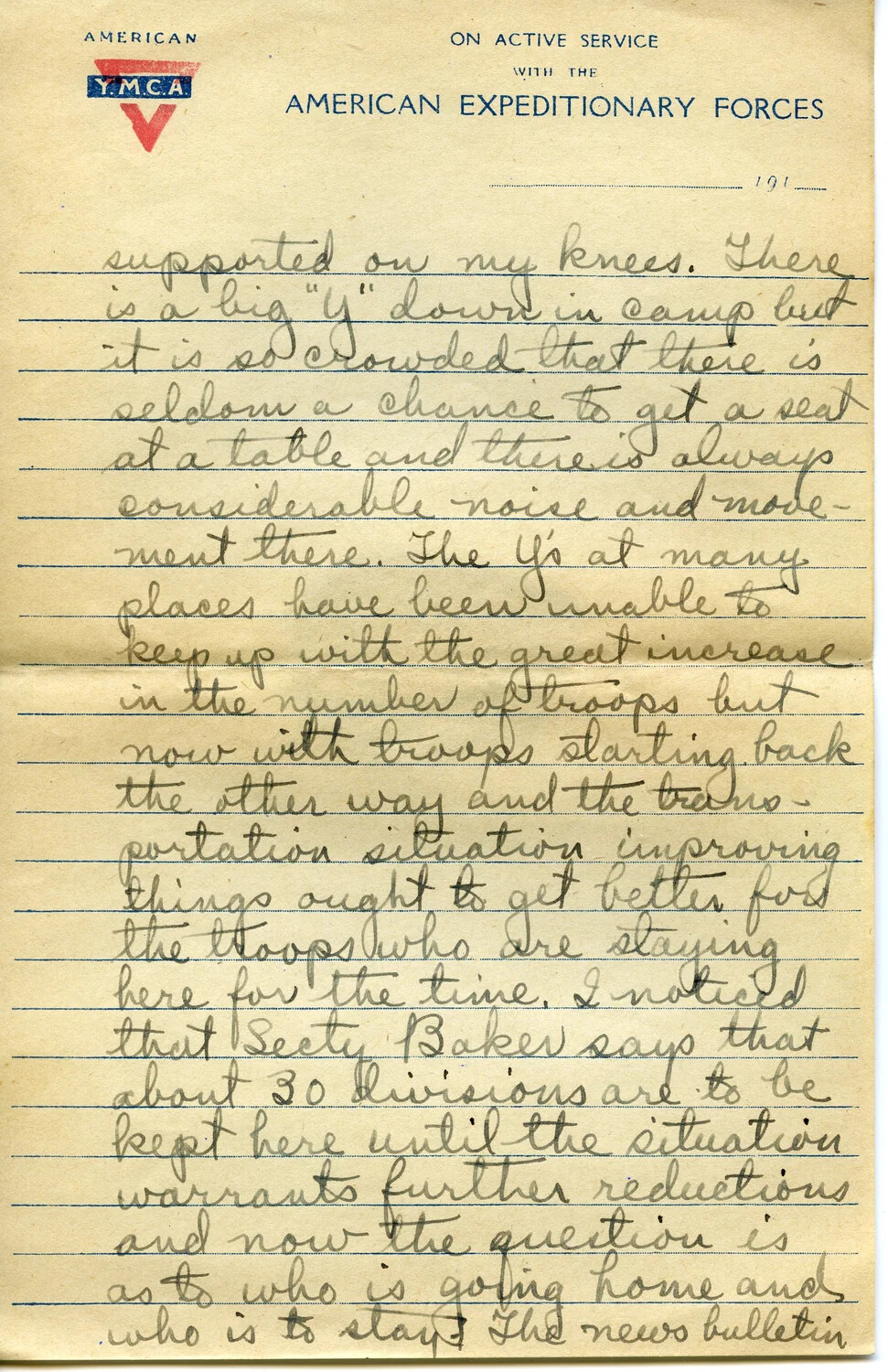 Handwritten WWI Letter on American Y.M.C.A. A.E.F. Stationery, Pvt. Willis W. Wagener Correspondence, Page E
