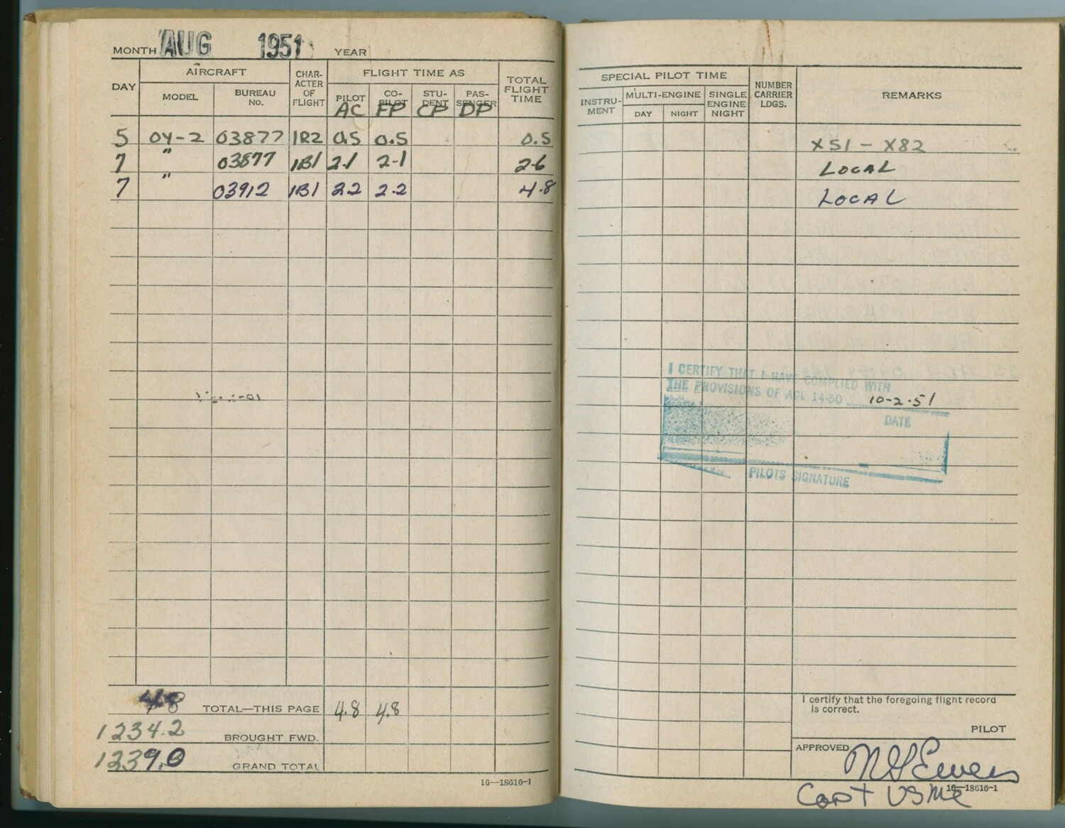 USMC Pilot Flight Logbook, OY-2 Sentinel Entries, August 1951 (McAleer Collection)