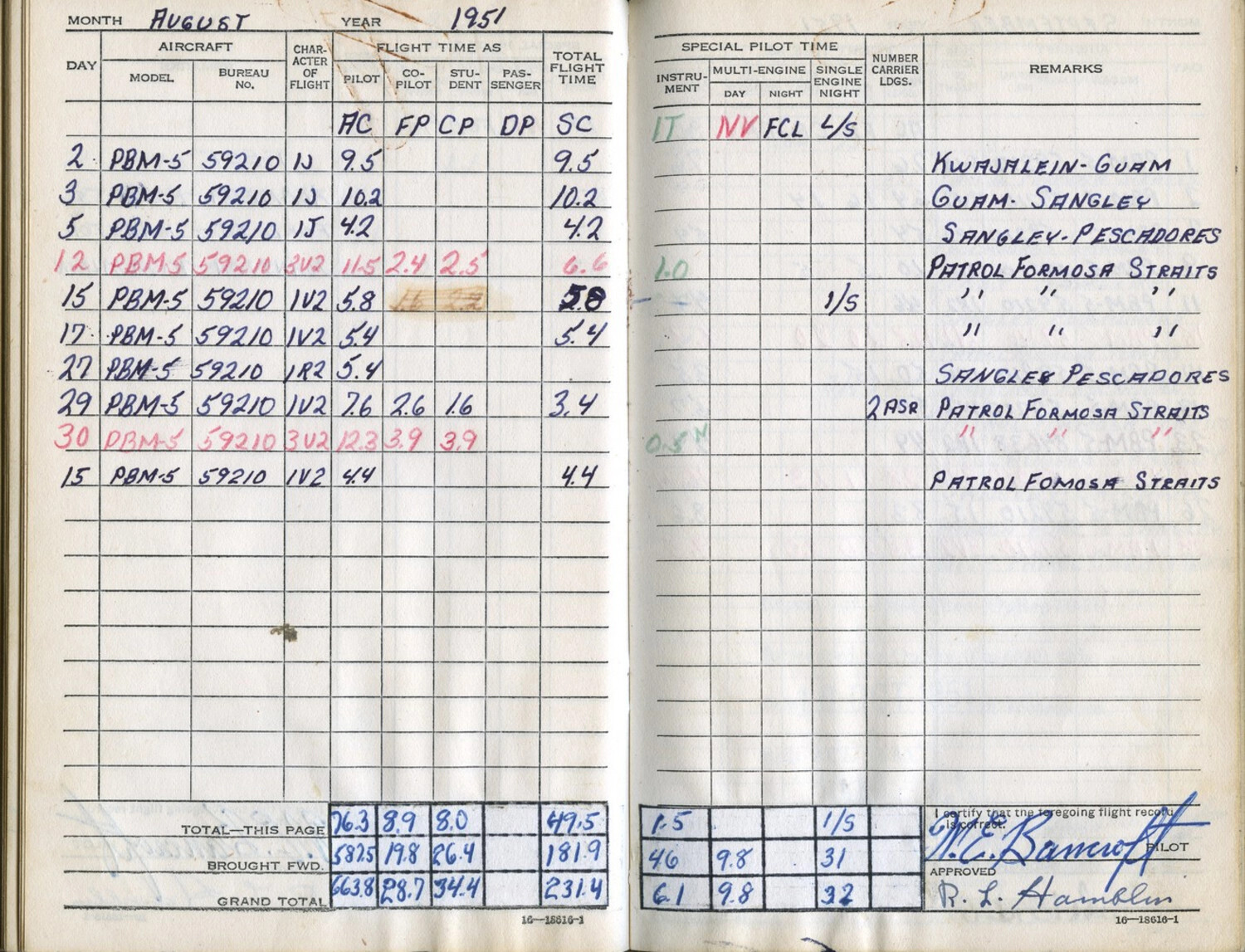 Naval Aviator's Flight Logbook, August 1951 - PBM-5 Mariner Patrols