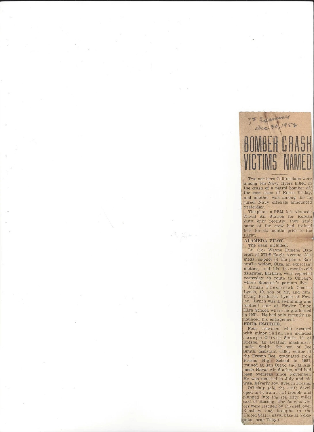 Newspaper Clipping: 'Bomber Crash Victims Named,' San Francisco Examiner, December 30, 1952 (Lt. Bancroft Collection)