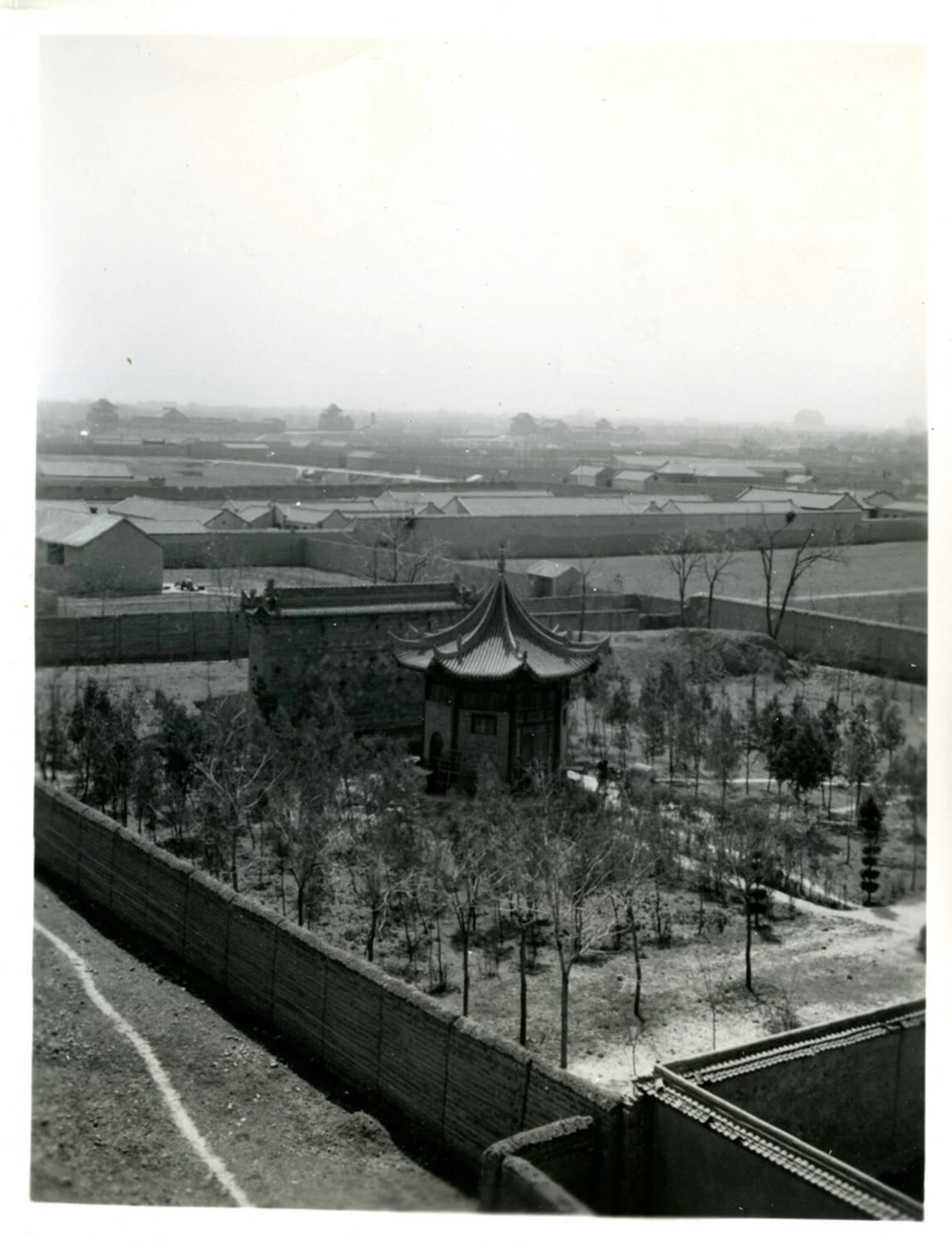 Elevated View of Walled Chinese City with Traditional Pavilion