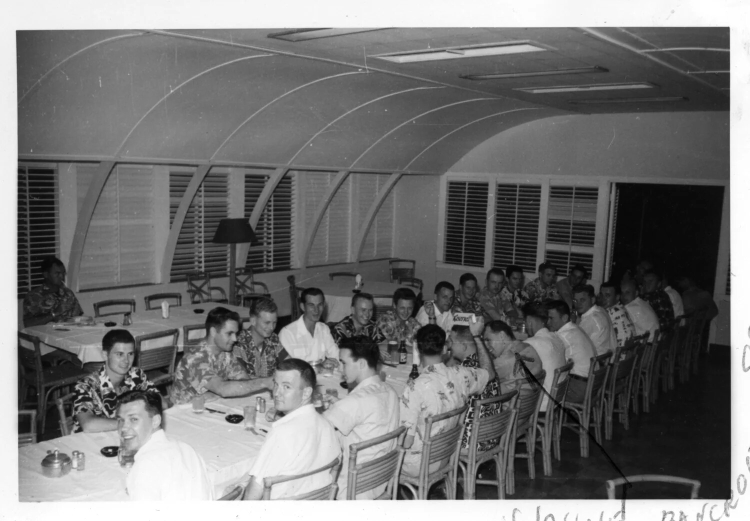 Group Photograph: Naval Officers and Enlisted Men at Informal Dinner Gathering, Quonset-Hut Club, Korean War Era