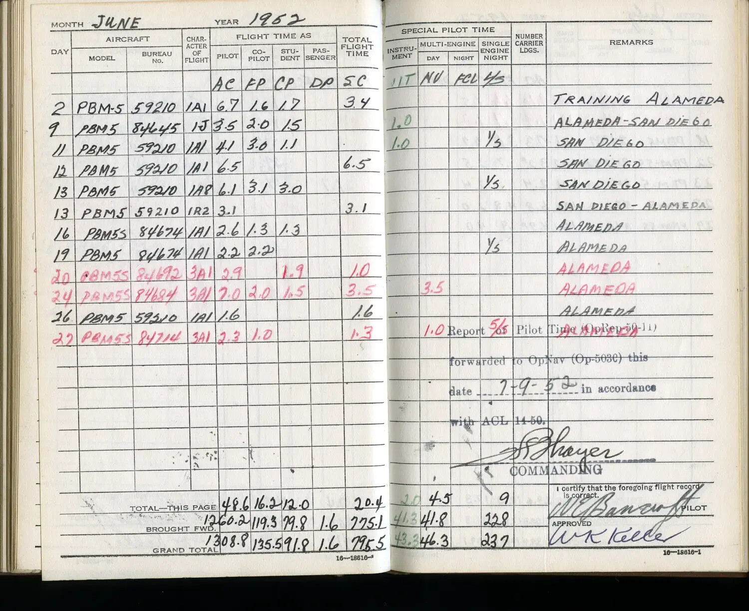 Lt. Bancroft's Personal Flight Logbook, June 1952 -- PBM-5 Mariner Flight Record
