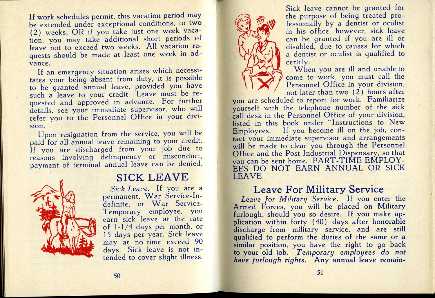 McClellan Field Personnel Guide Booklet, Pages 50-51: Sick Leave and Military Service Leave Policy