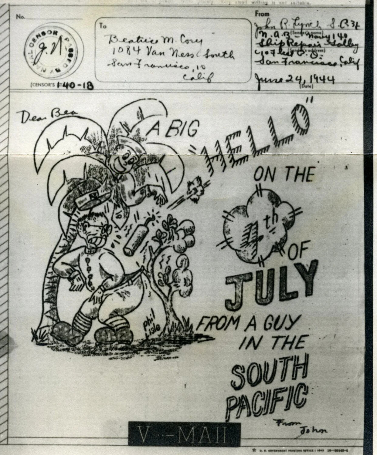 V-Mail Cartoon Stationery, "A Big Hello on the 4th of July from a Guy in the South Pacific," 24 June 1944