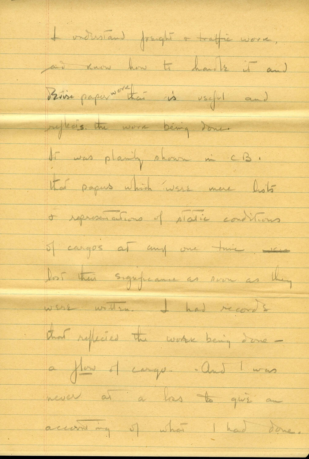 Handwritten Draft Memoir/Request Letter Page, U.S. Army Transportation Officer, CBI Theater, WWII (Page 052) - Freight and Traffic Management Philosophy