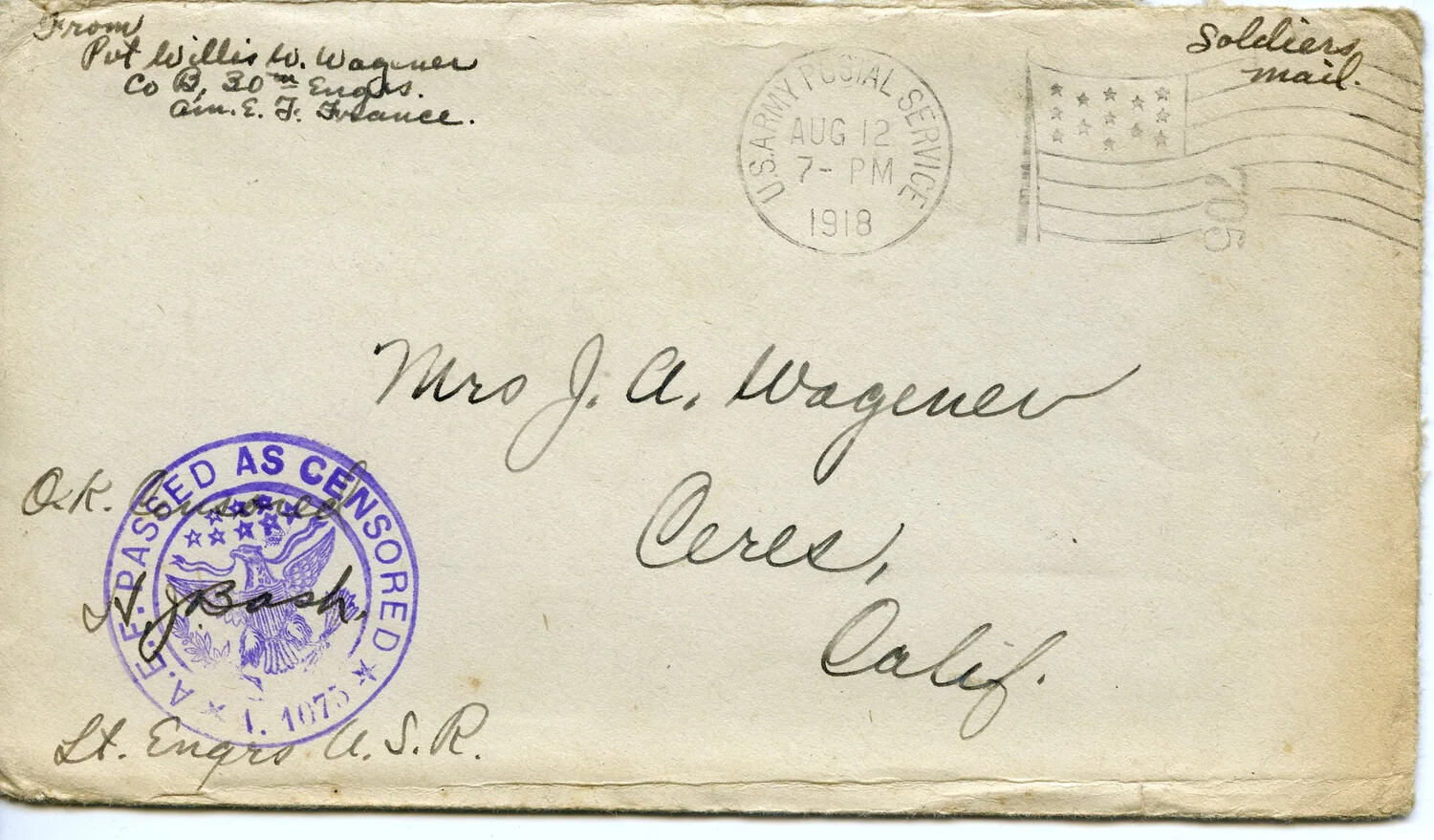 WWI Censored Mail Envelope, Pvt. Willis W. Wagener, 30th Engineers, AEF France (August 1918)