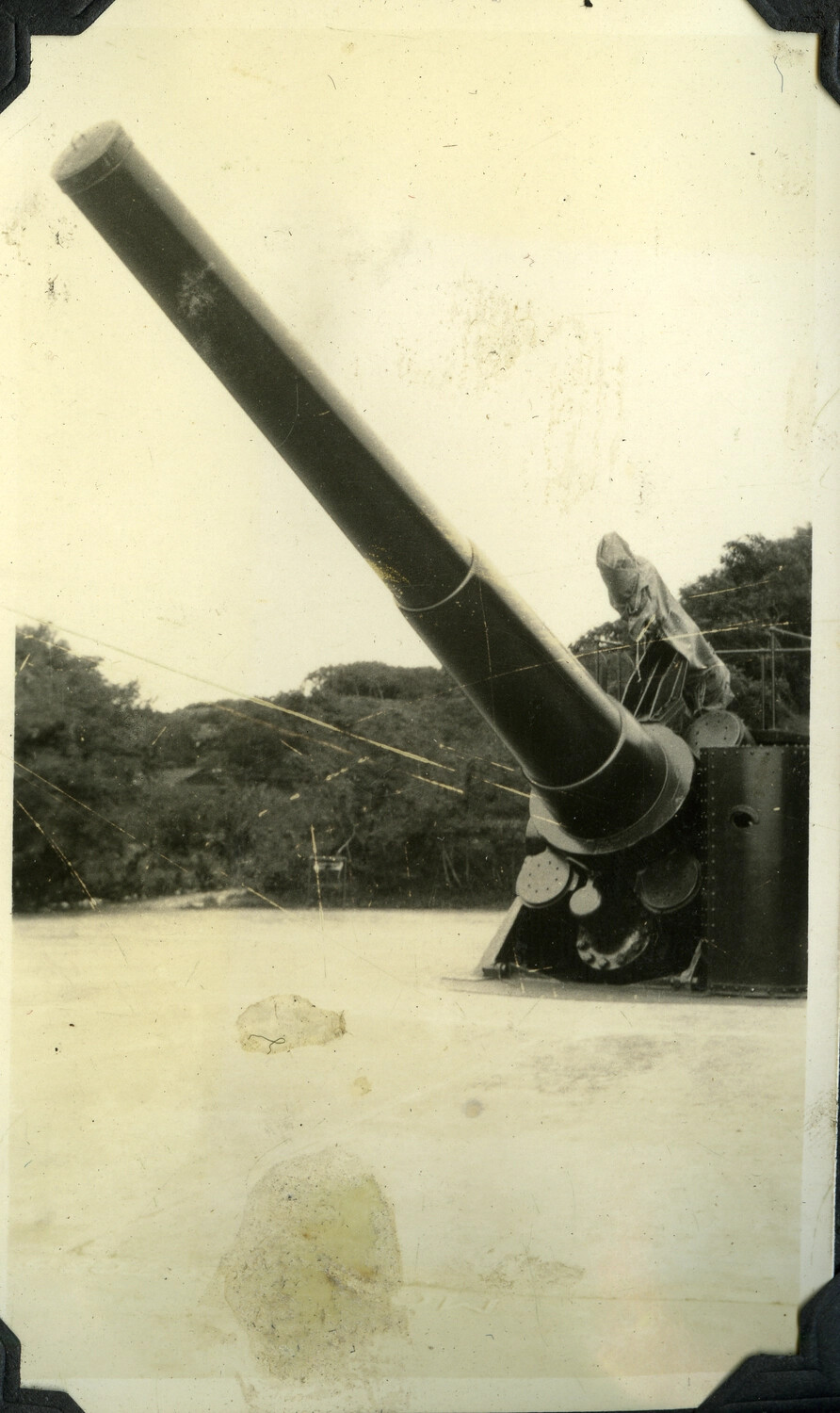 Elevated Barrel of Coastal Defense Gun with Gun Crew Member, Harbor Defenses of Manila Bay, Philippines, c. 1930s–1940s