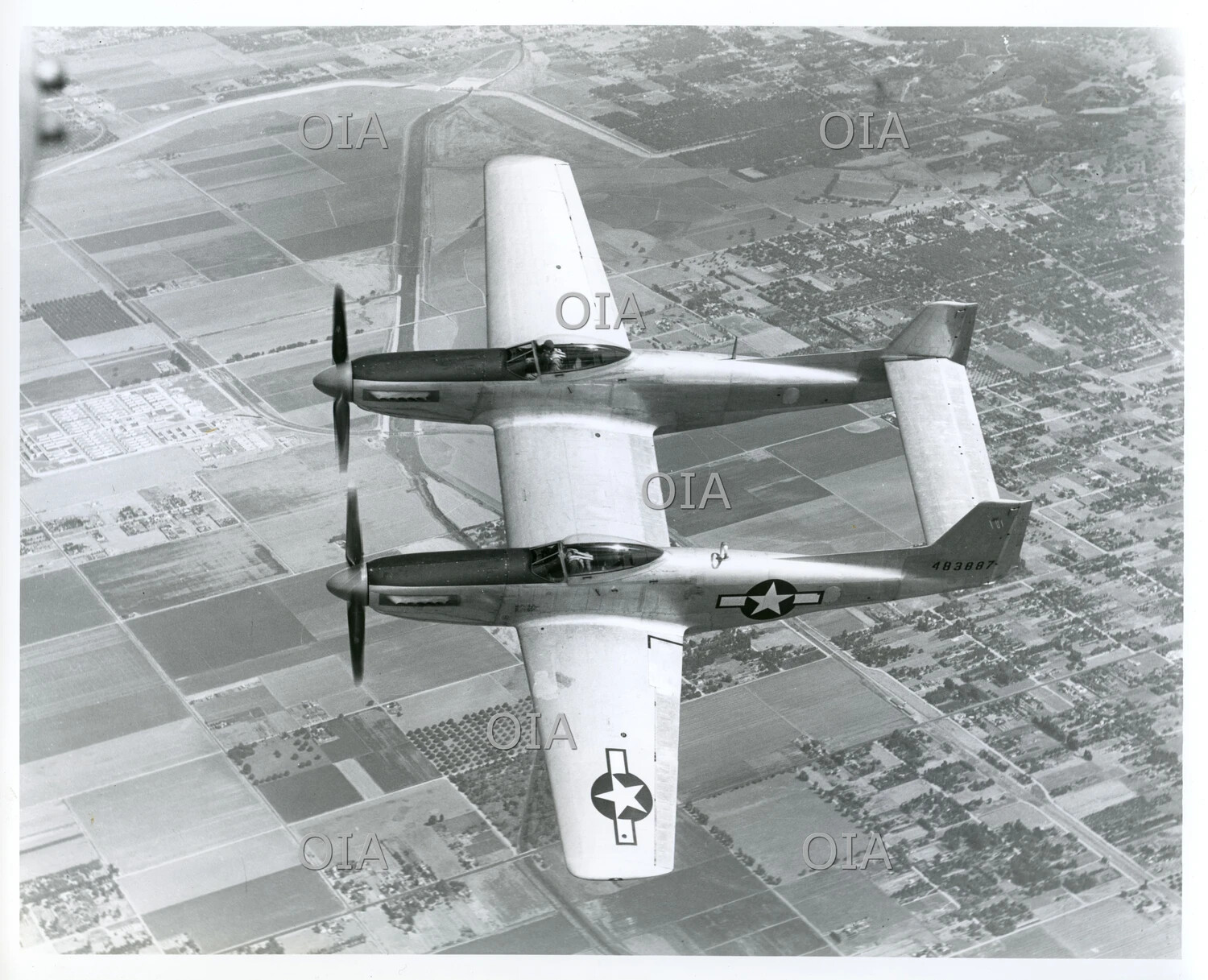 North American F-82 Twin Mustang, Overhead Aerial View in Flight