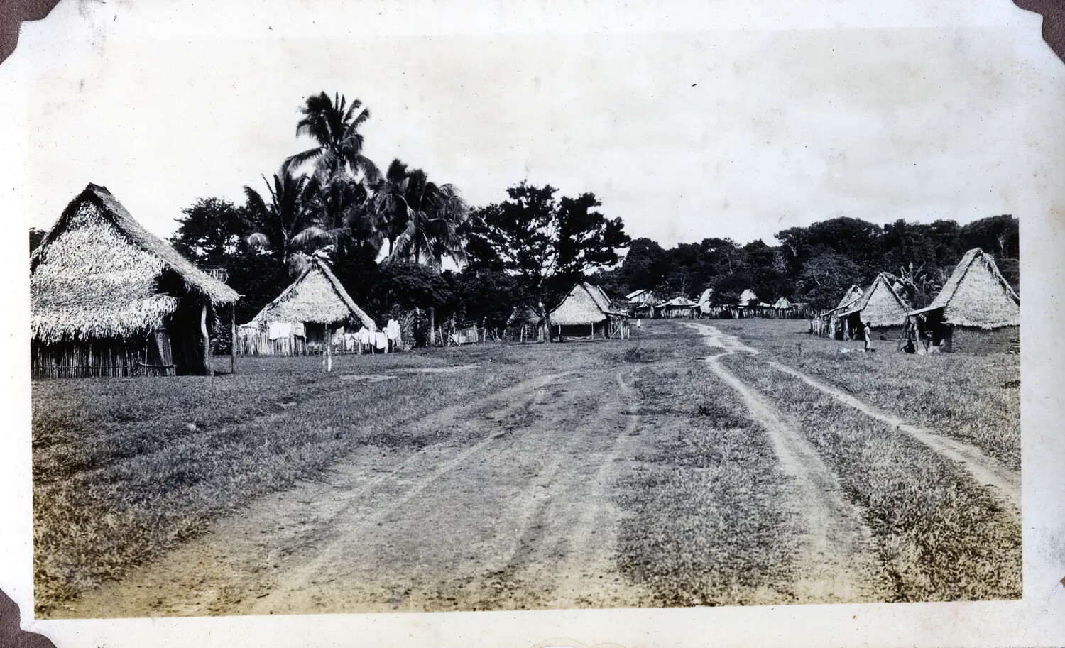 Thatched-Roof Village Along a Dirt Road, Panama Canal Zone Area, WWII Era
