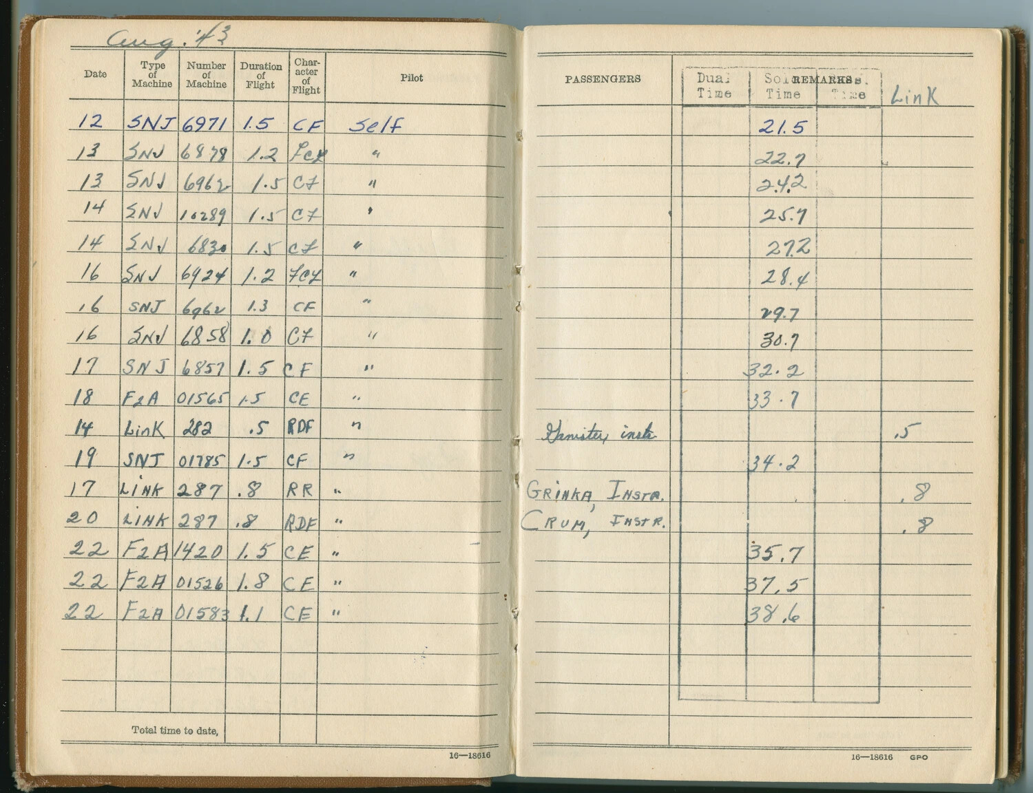 Naval Aviator Flight Logbook Page, Pat McAleer, August 1943