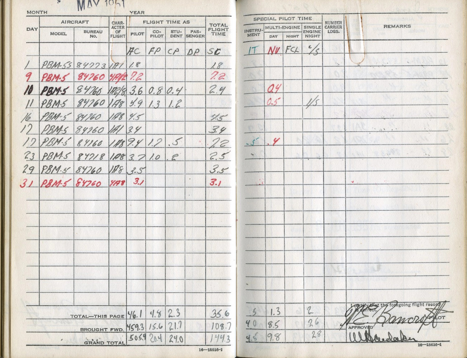 U.S. Navy Pilot Flight Logbook Pages, Lt. W.E. Bancroft, PBM-5 Mariner Flying Boat Squadron, May 1951