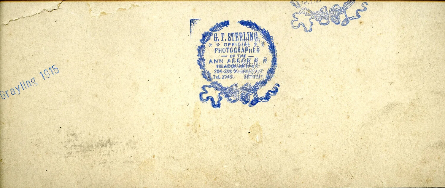 Verso of Photographic Print: G.F. Sterling Studio Stamp, 'Grayling 1915' Annotation