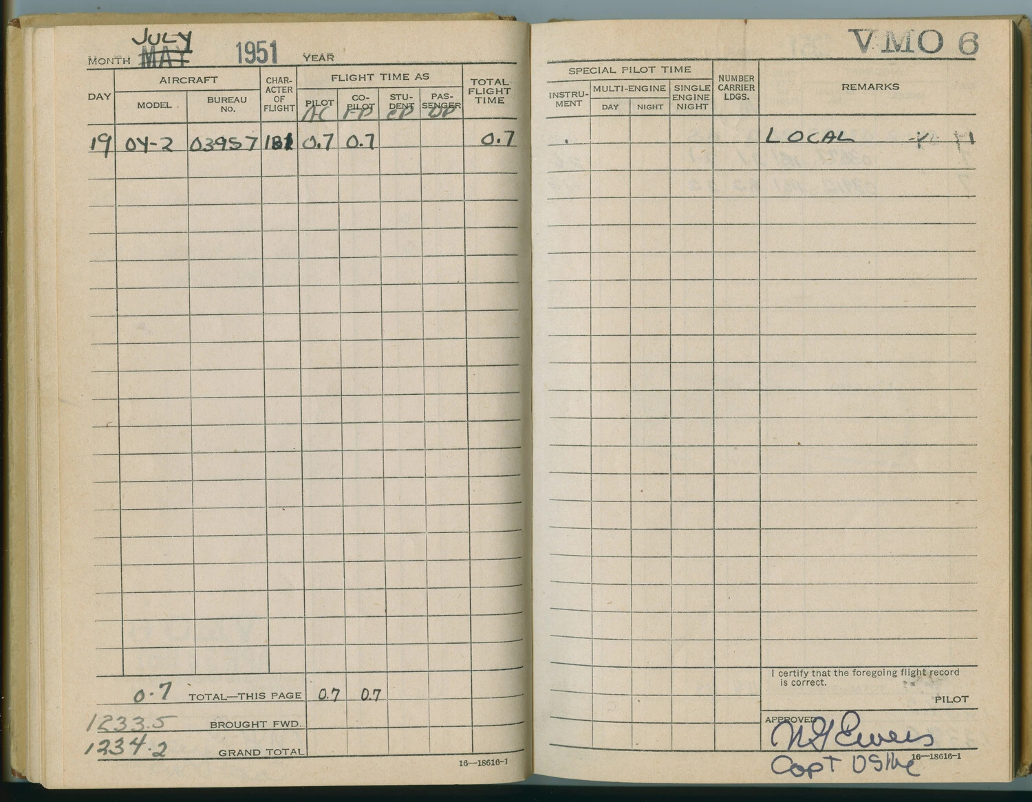 Pilot's Flight Log Book, VMO-6, OY-2 Aircraft Entry, July 1951
