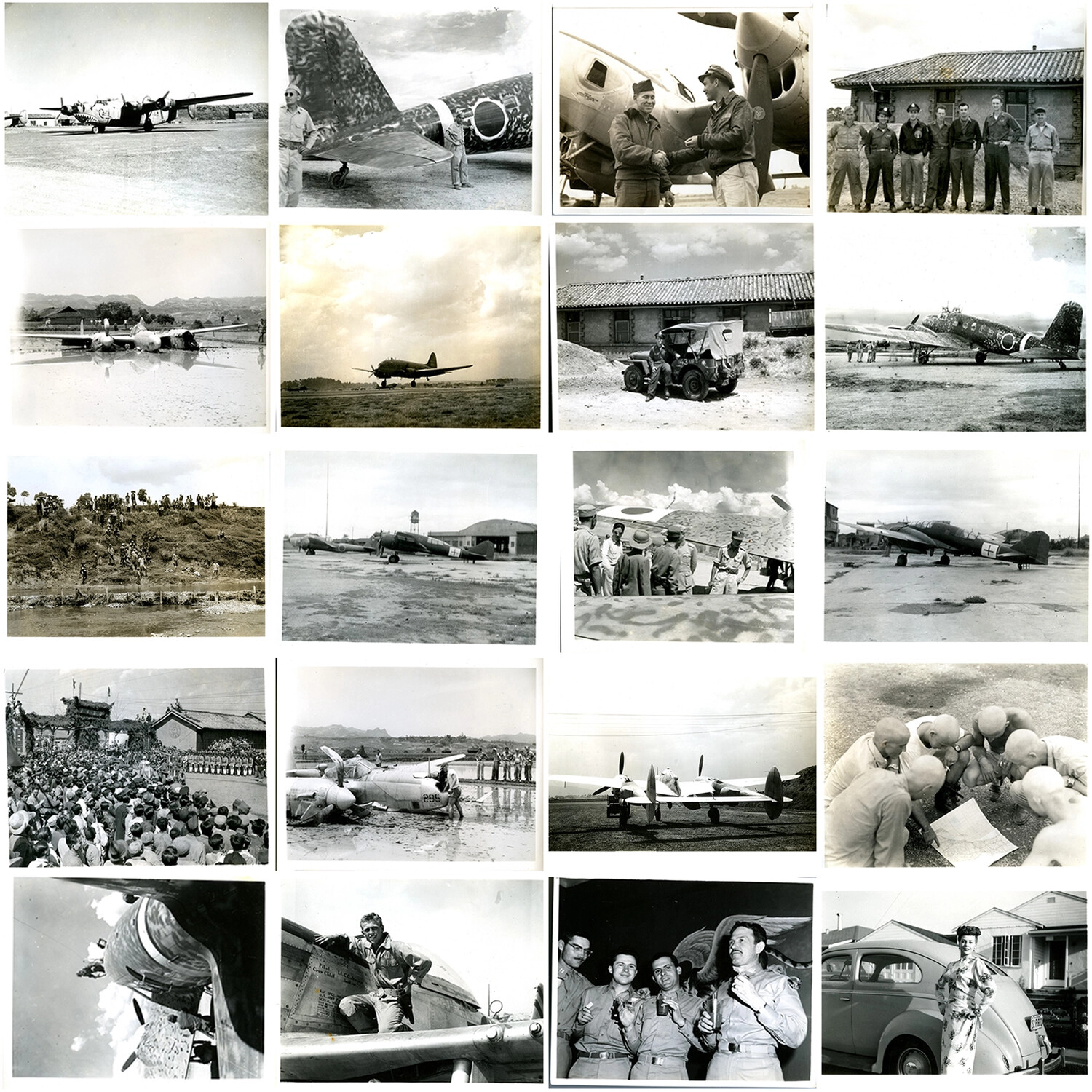 Contact Sheet 004: WWII CBI Theater Photographs -- Japanese Aircraft Inspection and Surrender-Era Scenes