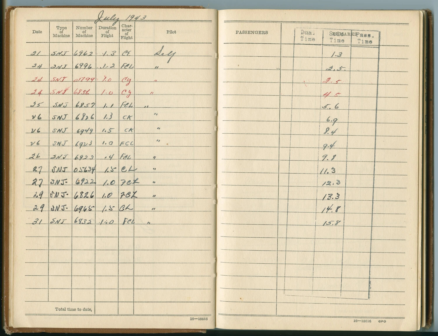 McAleer Pilot Log Book, July 1943 - SNJ Trainer Flight Entries