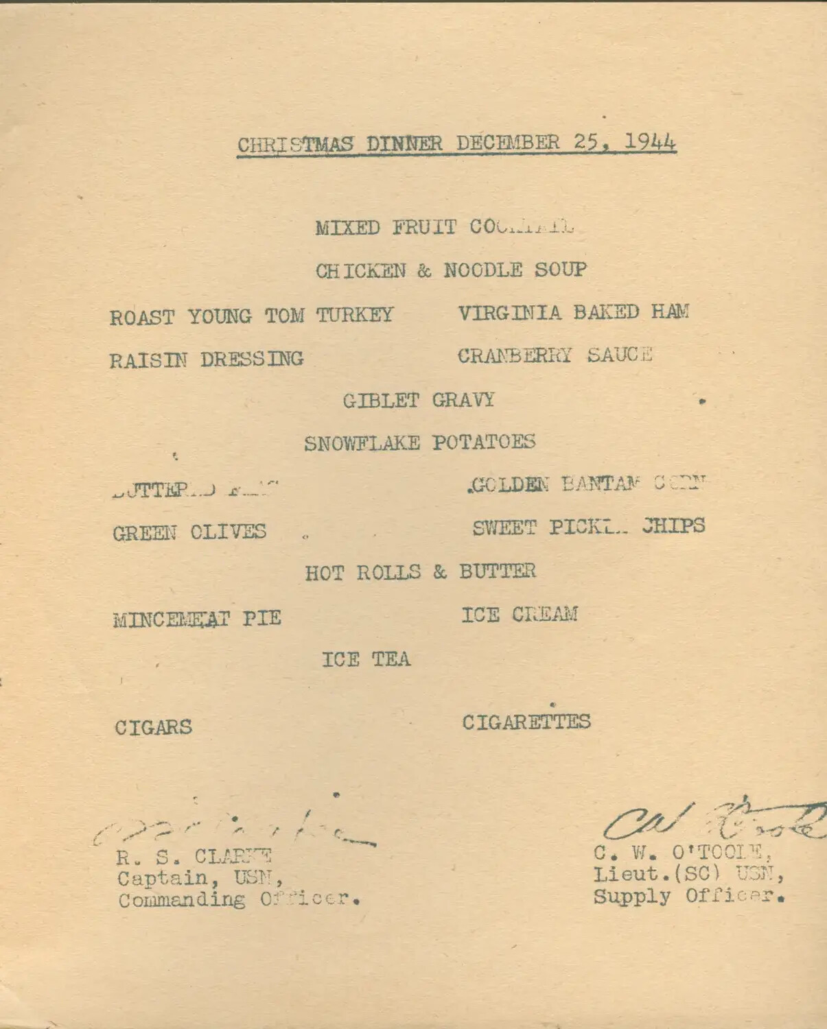 USS Petrof Bay (CVE-80) Christmas Dinner Menu, December 25, 1944