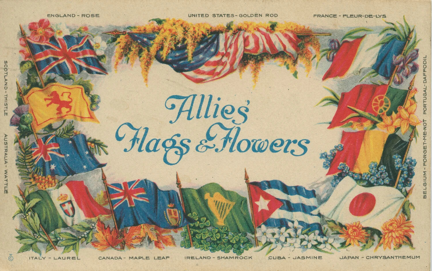 "Allies' Flags & Flowers" World War I Patriotic Postcard