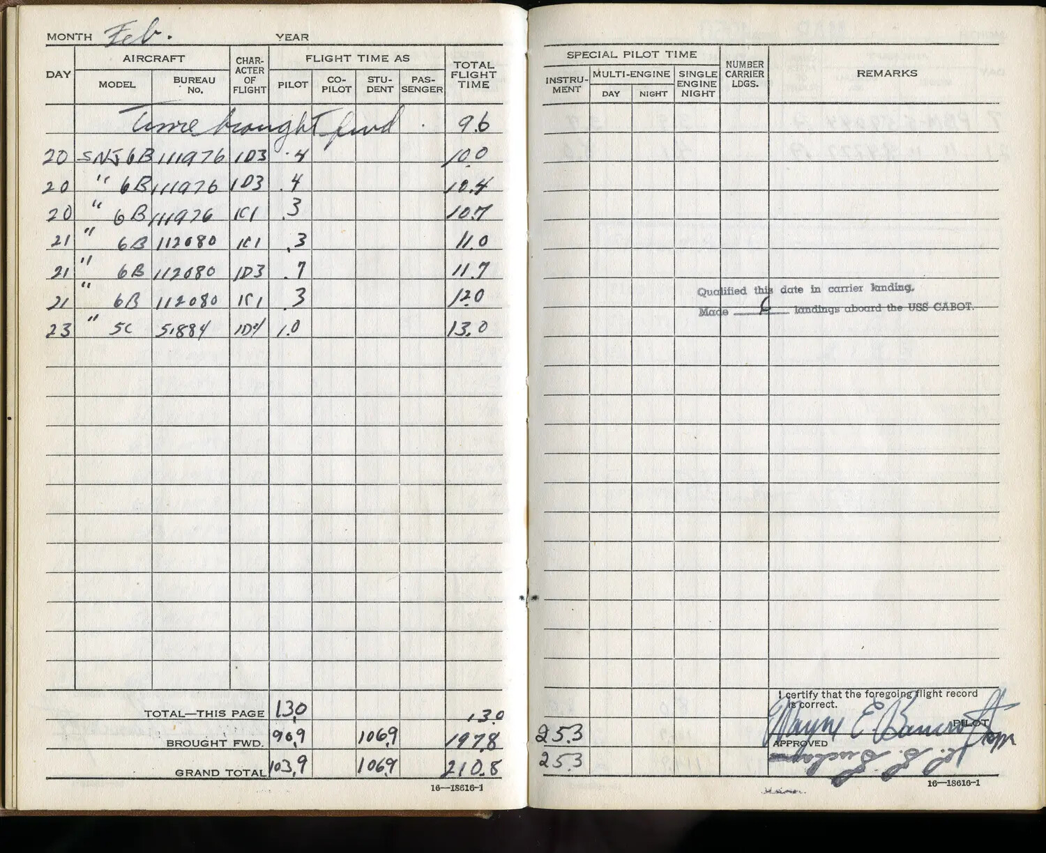 U.S. Navy Aviator's Flight Logbook Page — SNJ-6B Training Flights and USS Cabot Carrier Qualification