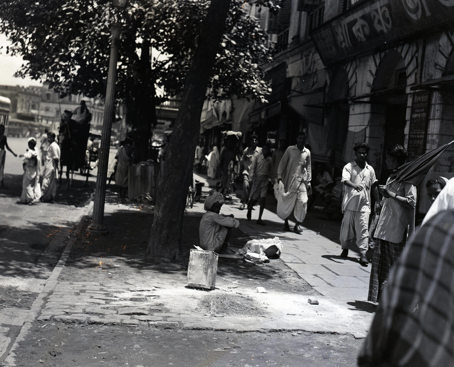 Street Scene with Pedestrians and Bengali Signage, Likely Calcutta, India, WWII CBI Era